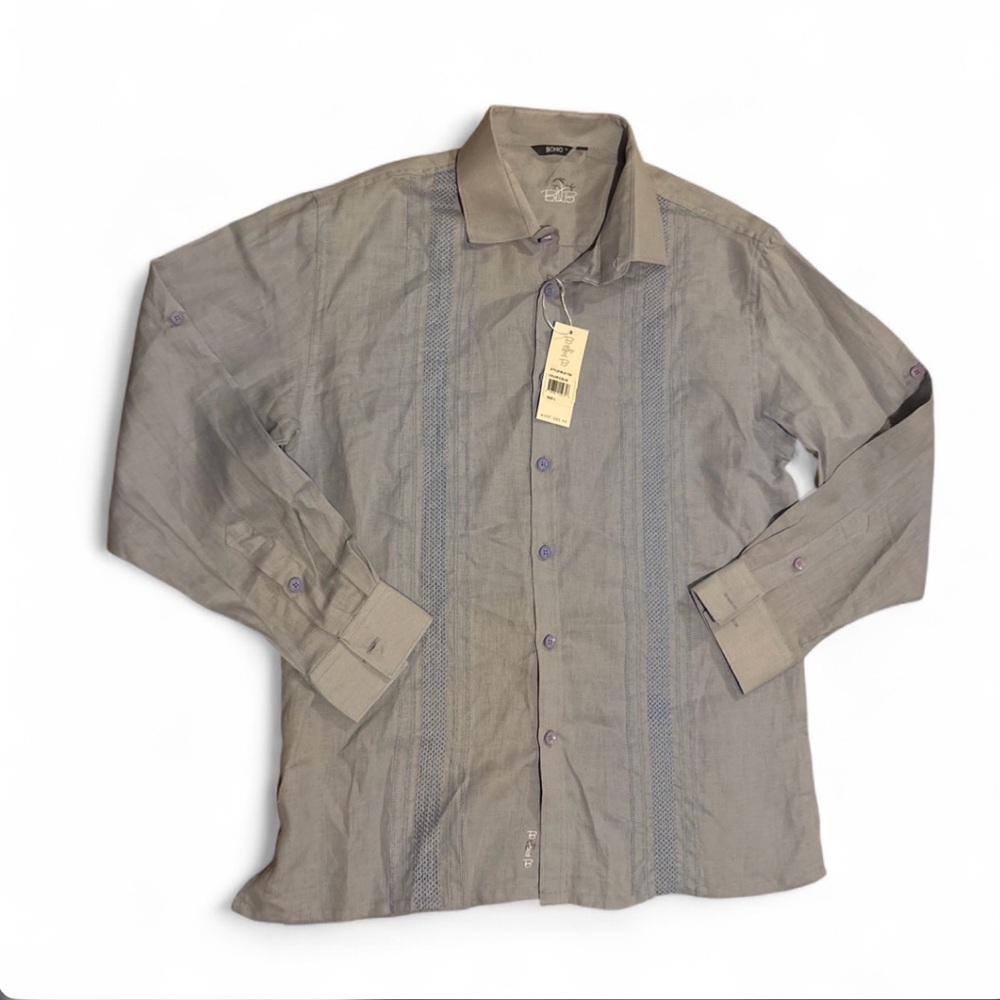 BOHIO 100% Linen Guayabera Shirt L Blue Embroidered Long Sleeve Tropical NWT